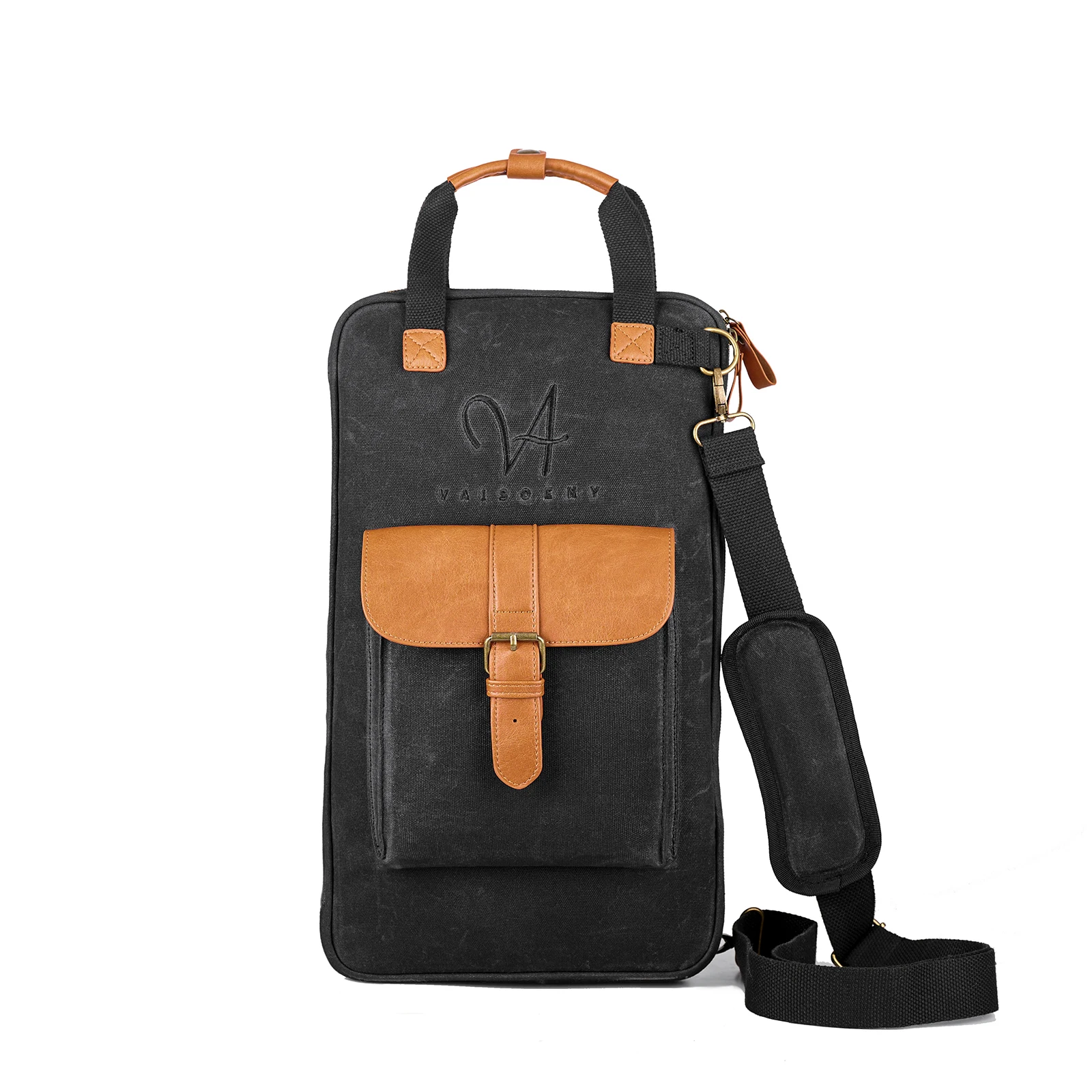 

Vaisoeny Black Waxed Canvas Drum Stick Bag - Handle/Detachable Strap, Percussion Case for Drummers Beginners (GBB-HS)