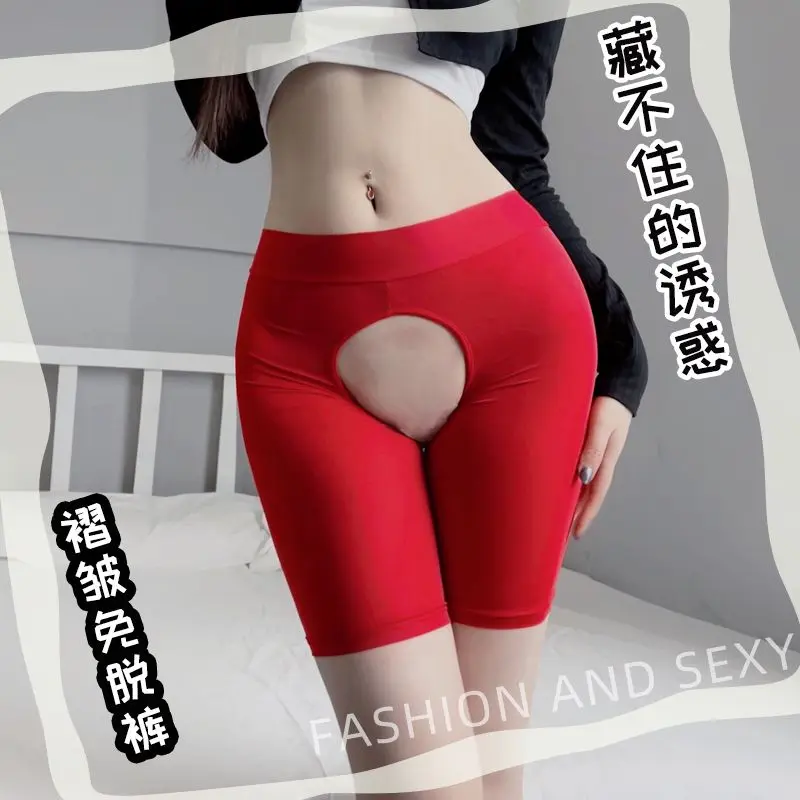 

Sexy Open Crotch Ice Silk Thin Glossy Leggings Shorts Casual Sleeping Shorts Bottoms Underwears