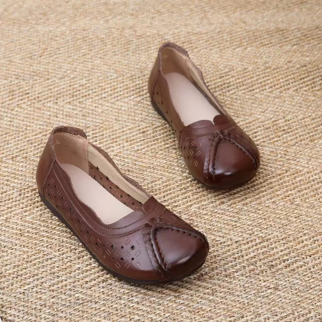 New hollow out ballet flats women's retro slip on shallow shoes woman genuine leather moccasins ladies soft top quality loafers