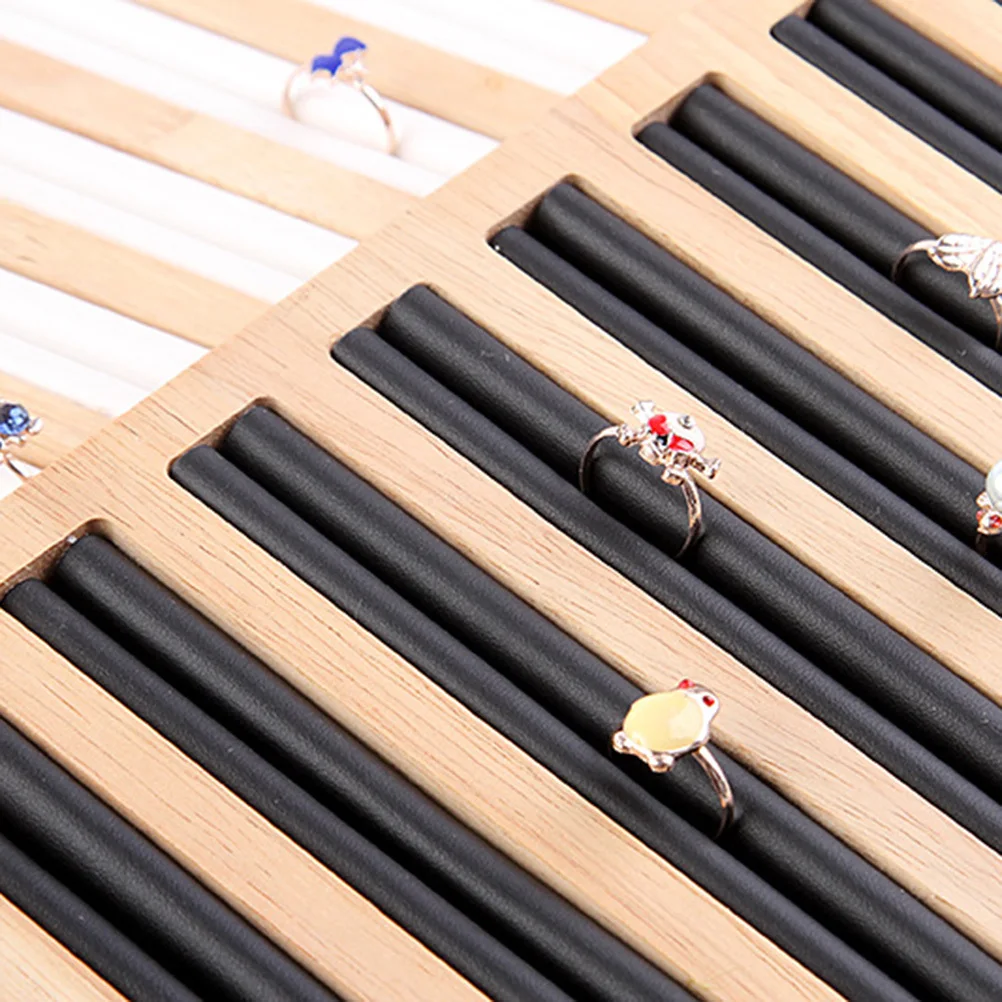 Bamboo Wood Ring Showcase Display Black Rectangular Plate Jewelry Holder Fit Different Ring Sizes Stylish Modern Design