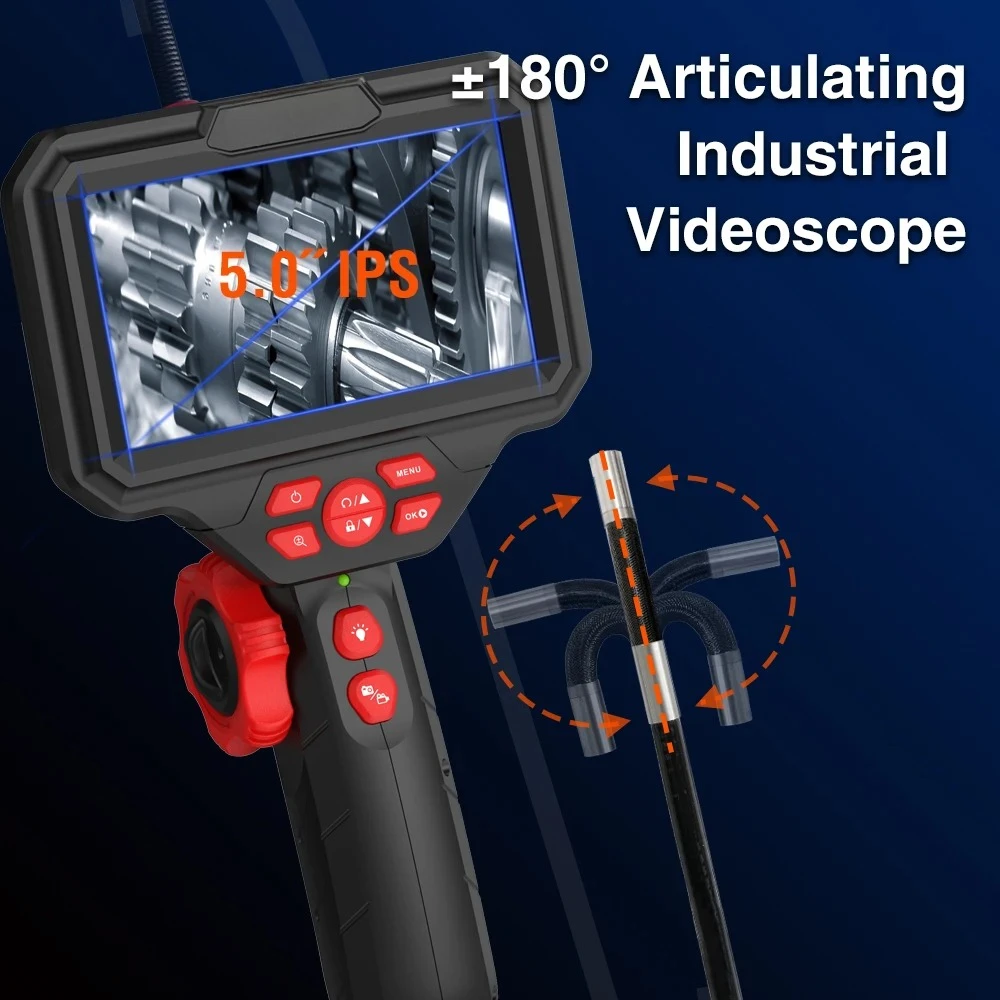 Waterproof Industrial Inspection Endoscope, 5‑Inch Screen 360° Articulating Probe for Automotive & Pipeline Detection