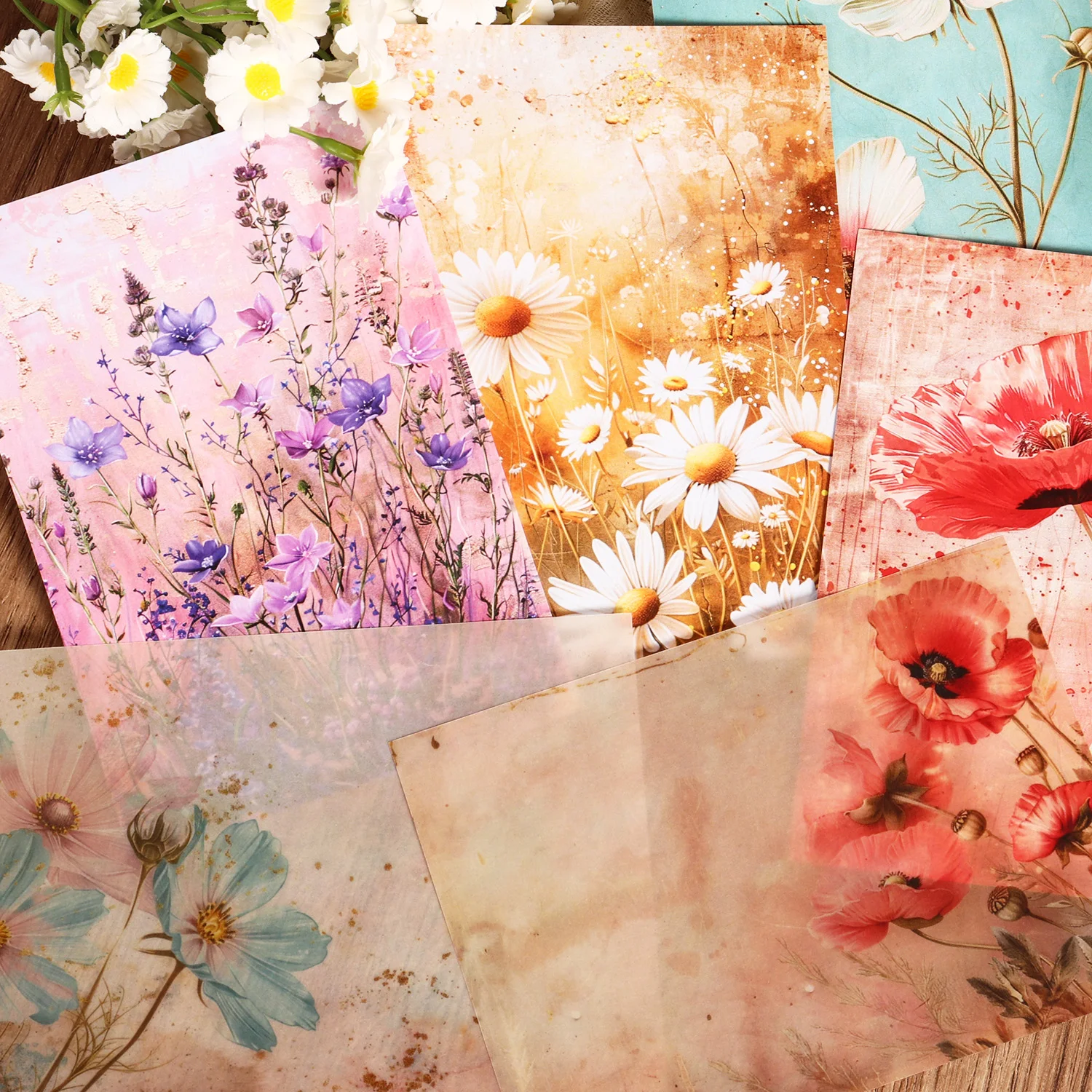16 ورقة، 8 ورق حمض الكبريتيك الشفاف، 46 ملصقًا من ورق ديكور مجلة غير المرغوب فيه على شكل زهرة برية، للحرف اليدوية الفنية، سكرابوكينغ #6