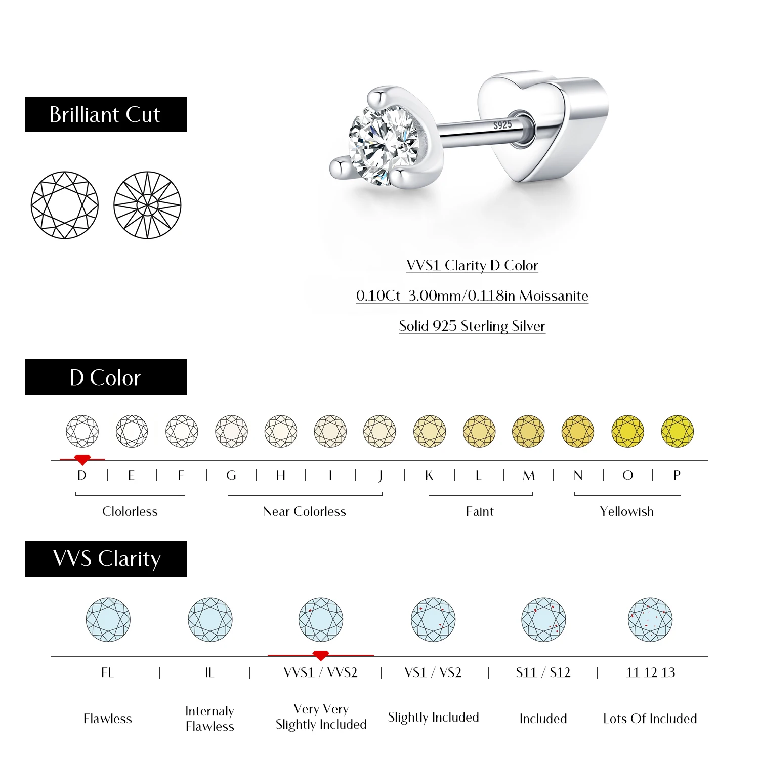  MODIAN Moissanite Helix Stud 925 Sterling Sliver Minimalist Round Crown Tiny Heart Screw Stud Earrings For Women Fine Jewelry