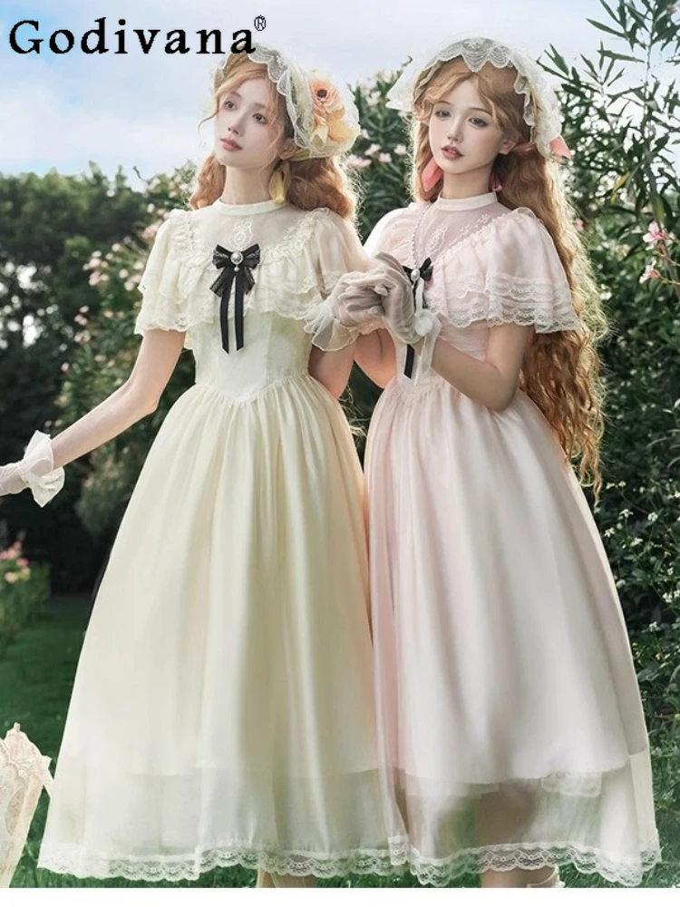 

Original Design Lolita Sweet Elegant Retro Long Dress Op Summer 2025 Women's Slim Lace Cape Dress Princess Tea Party Cla Dress