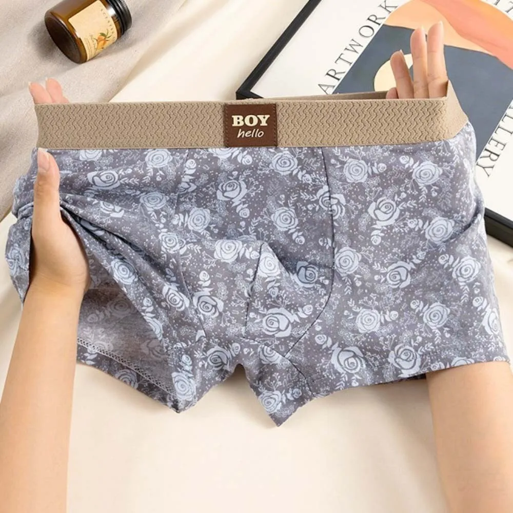 

Breathable L-3XL Plus Size Men's Boxer Briefs Seamless Retro Rose Flower Printed Panties Lingerie Elastic Underwear for Man Men