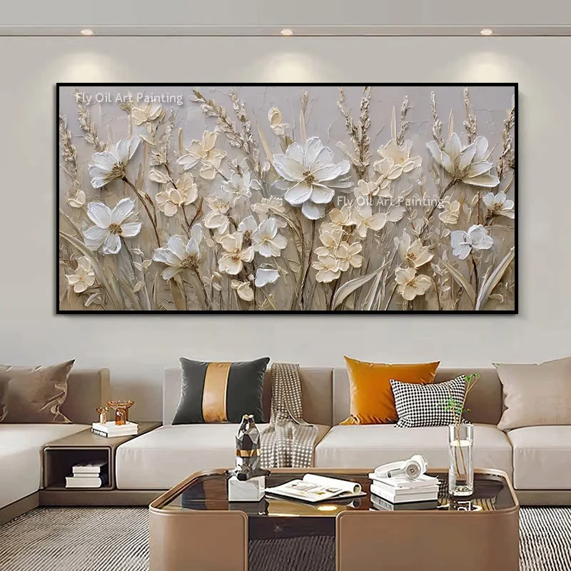 Original Hand‑Painted Meadow Floral Canvas Art, Heavy Texture Wild Daisy Oil Painting, Neutral Country Living Room Wall Decor