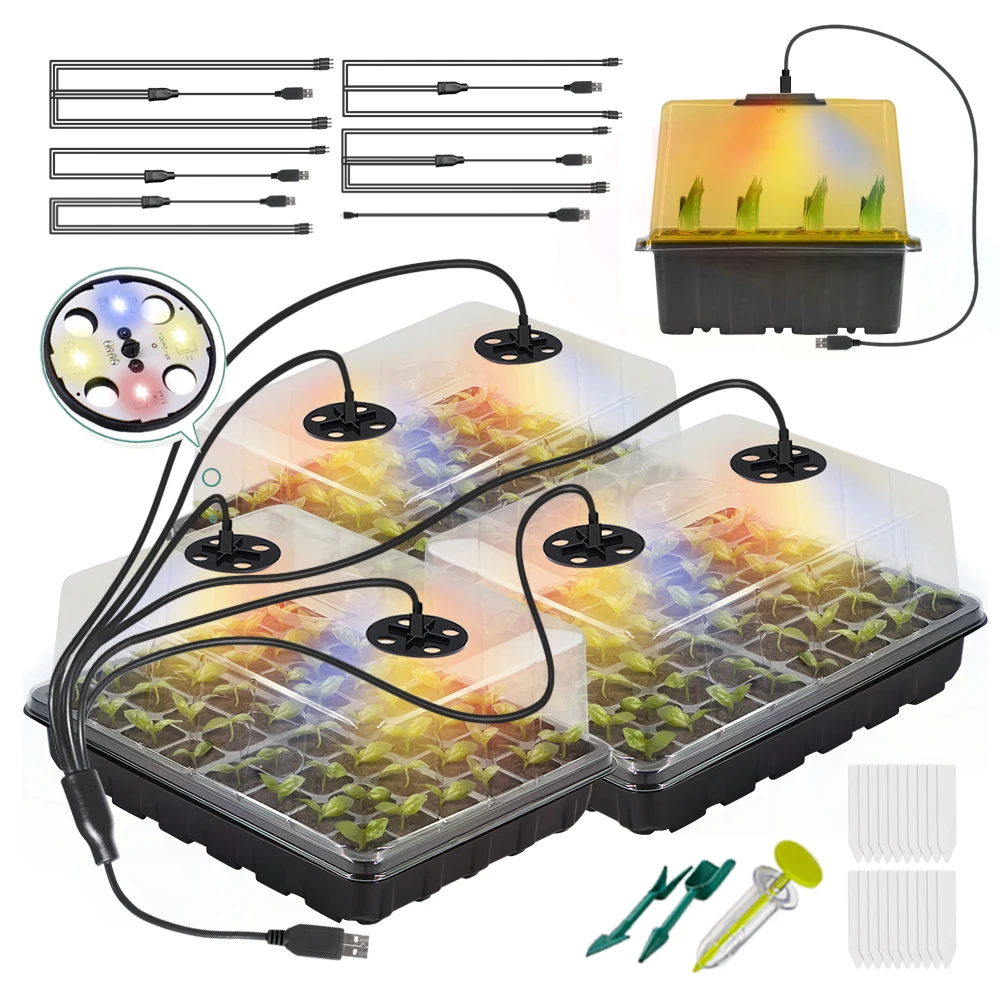 12/48 Cell Grow Light Seedlings Box Kit Black Seed Starter Tray with Red Yellow Blue Planter Lamp Garden Indoor Warm Nursery Pot