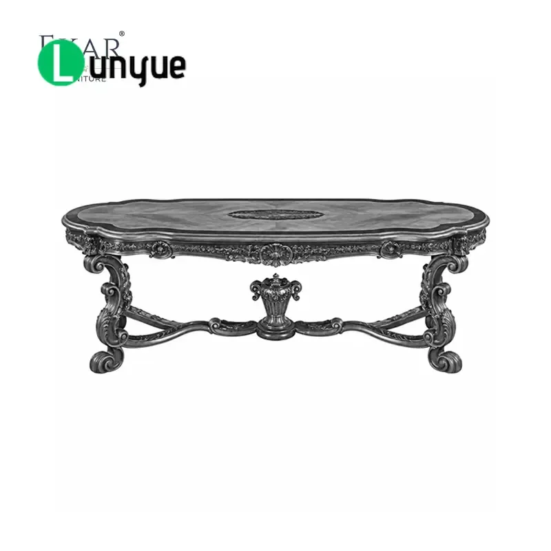 Baroque Oval Dining Table French Classic Sun Pattern Inlay Luxury Wood Furniture for Home Living Room Elegant Decorative