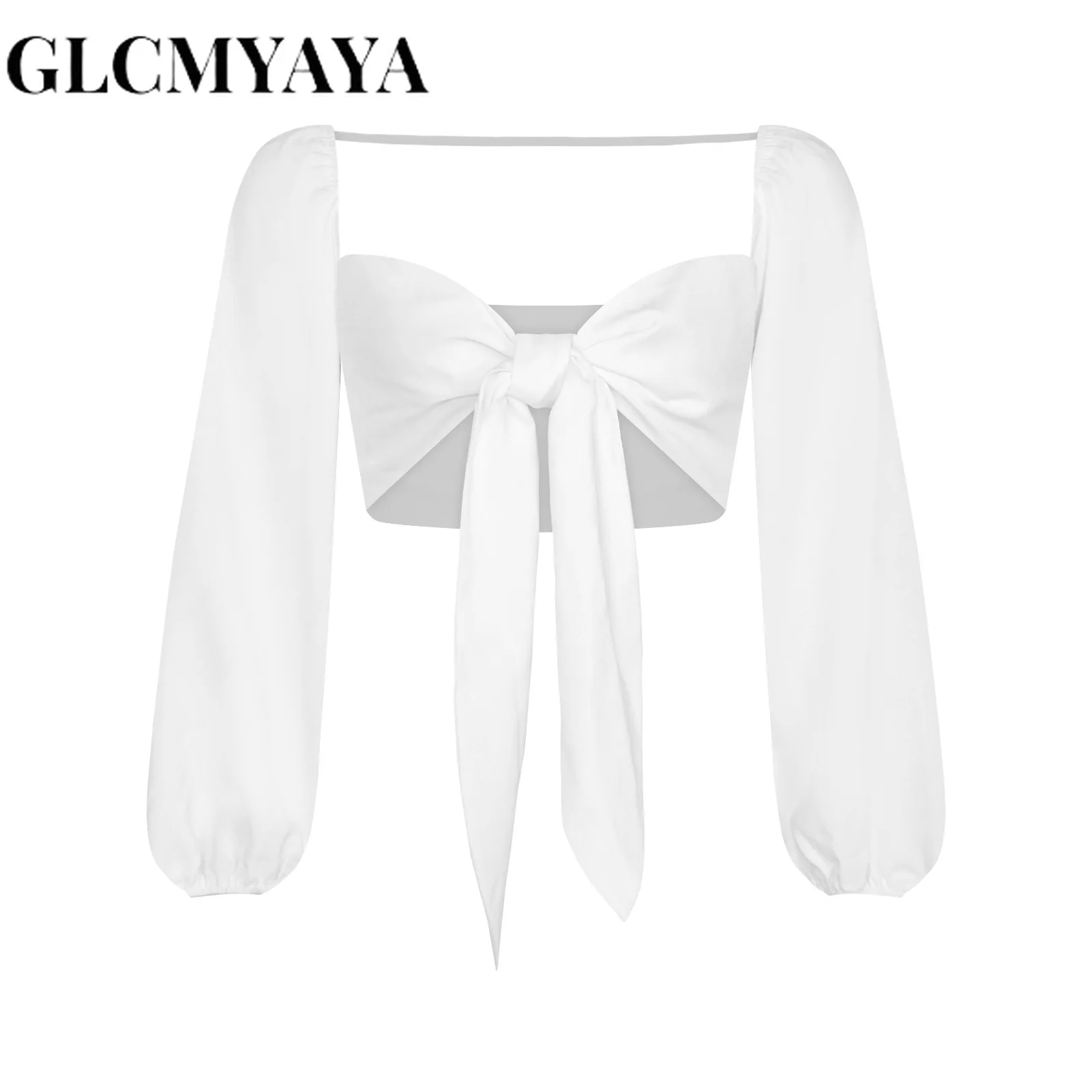 GLCMYAYA Women Square Collar Bandage Folds Open Stitch Solid Long Sleeve Crop Tops 2023 Spliced Lantern Sleeve Women Blouse