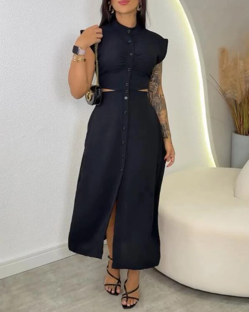 Lente dames casual jurk effen kleur uitsparing button-down elastische taille terug veelzijdige roeping maxi-jurk