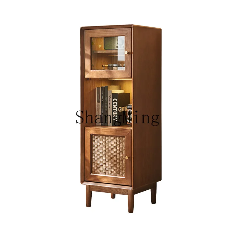 

FG Vintage Rattan Wine Cabinet Living Room Sideboard Storage Display Wabi-Sabi Style Solid Wood Storage Entryway Cabinet