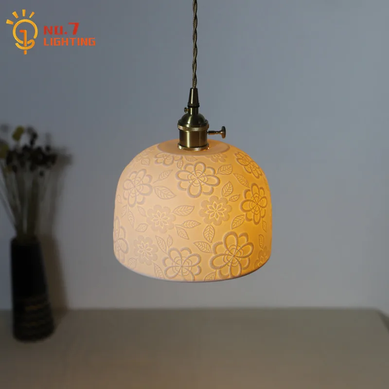 

Japanese Simple Retro Brass Ceramic Pendant Lights for Living/Dining Room Kitchen Zen Art LED E27 Restaurant Bar Bedside Balcony