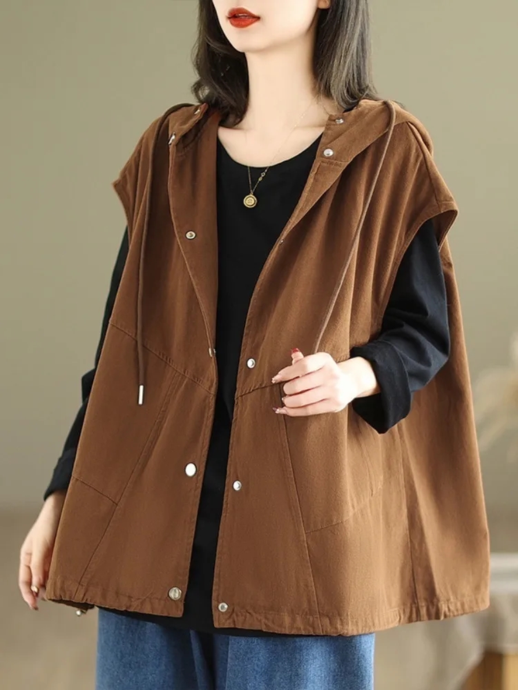 #5136 Spring Autumn Hooded Vest Waistcoat Women Loose Vintage Short Vest Coat Cotton Retro Outerwear Vest Cardigan Solid Color