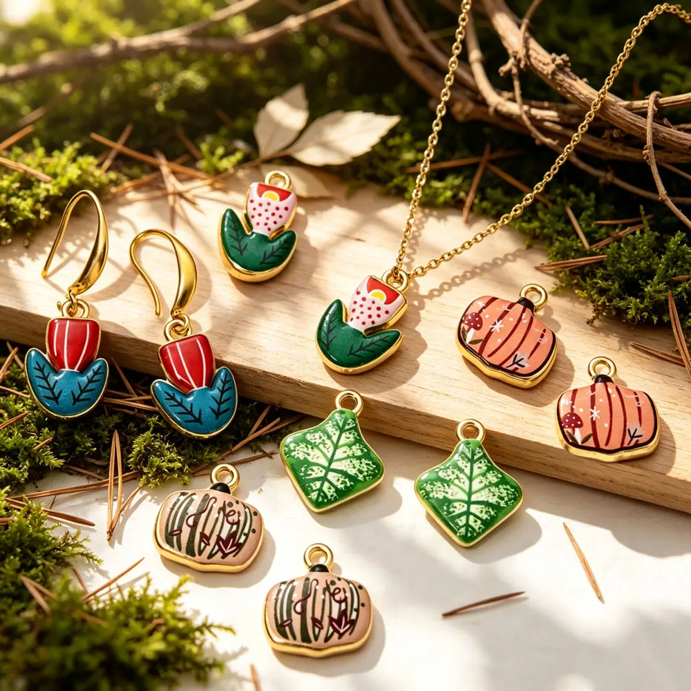 1Pc Vintage Forest Animal Mushroom & Fall Tulip Pumpkin Floral Enamel Charms,Gold Plated Alloy Pendants for DIY Jewelry Making