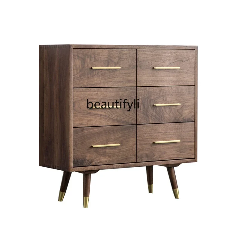 QSolid Wood Chest of Six Drawers Black Walnut Copper Leg Storage Cabinet Living Room Sideboard Cabinet