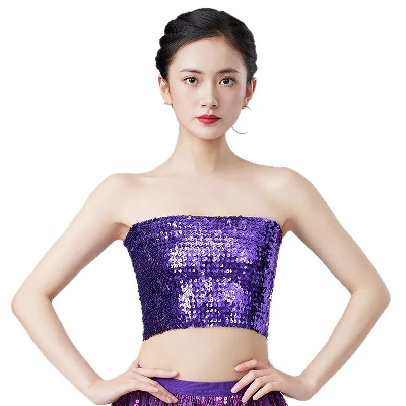 Sexy Gouden Pailletten Strapless Chic Crop Top Vrouwen Glanzende Stretch Party Clubwear Pailletten Tube Top Bandeau Tank Top Danskostuums