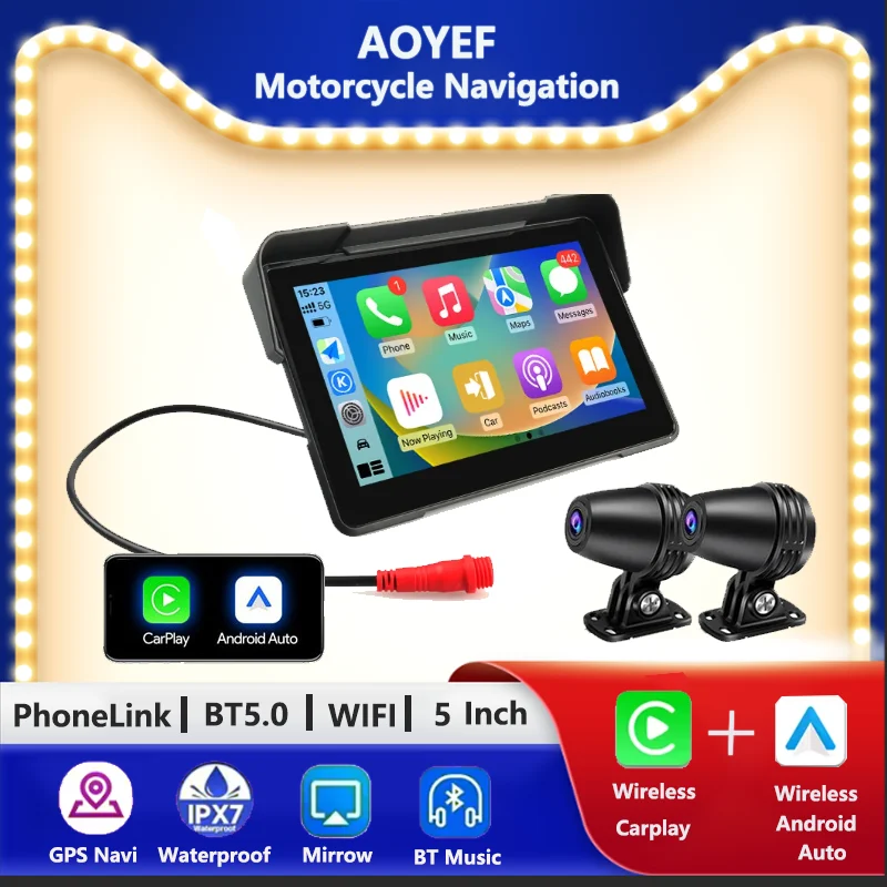

AOYEF 5-дюймовый портативный мотоциклетный монитор, навигационный дисплей, GPS-экран с дополнительным видеорегистратором, беспроводной CarPlay Android Auto