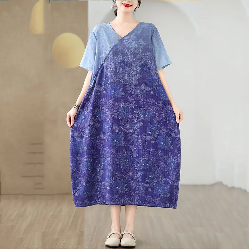 Retro Cotton And Linen Gradient V-Neck Dress 2024 Summer Large Size Loose Fit Cocoon Shaped Short Sleeve Printed Dress K1542