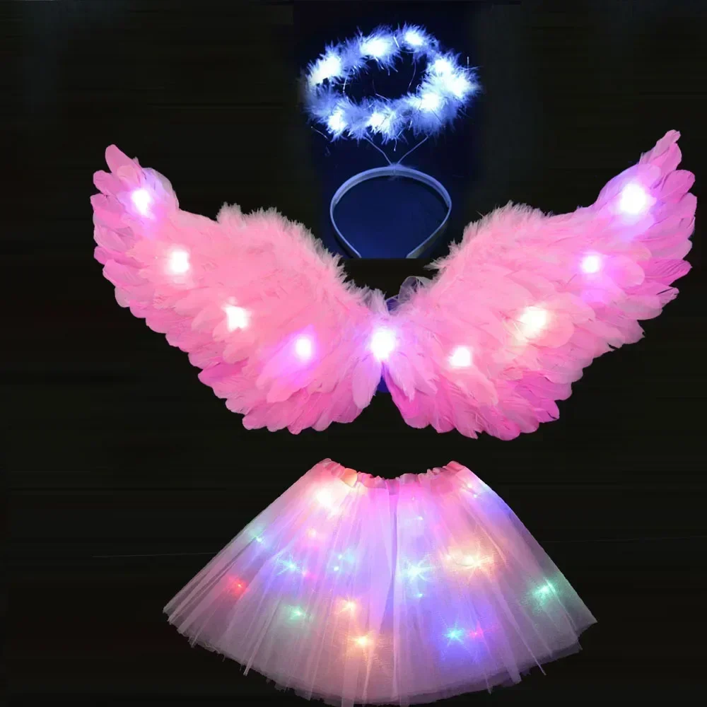 Kids Adult Fairy Costume Light Up Tutu Skirt Glow Flower Headband Angel Feather Wing Halo Birthday Party Christmas Halloween