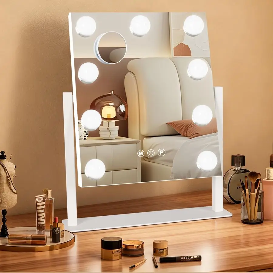 

Vanity Mirror with Lights, 9 Dimmable Bulbs, 3 Color Lights,Make Up Lighted Mirror, 10x Magnification 360Rotation 12 x 14 White