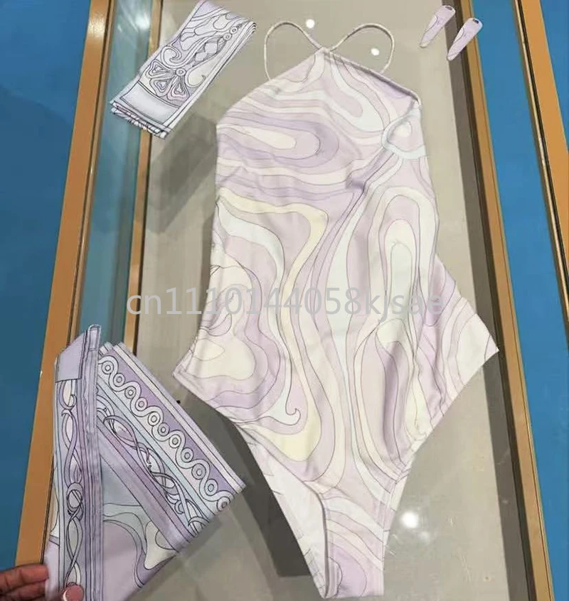 

Элитные дизайнерские женские купальники-бикини с фиолетовым шарфом, фирменным логотипом и дизайнерской повязкой на голову, пляжная одежда