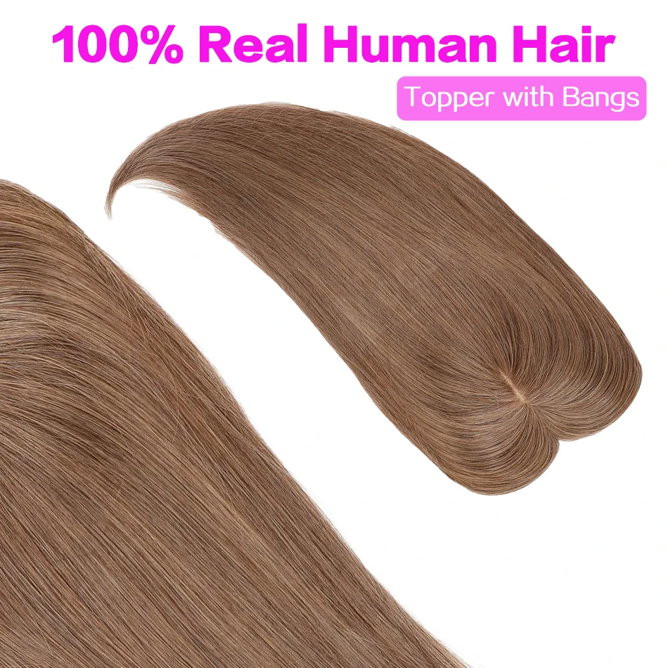 100% Real Human Hair Topper for Women with Bangs Clip In Hair Piece for Thinning Hair Natural Volume Crown Coverage Lightweight