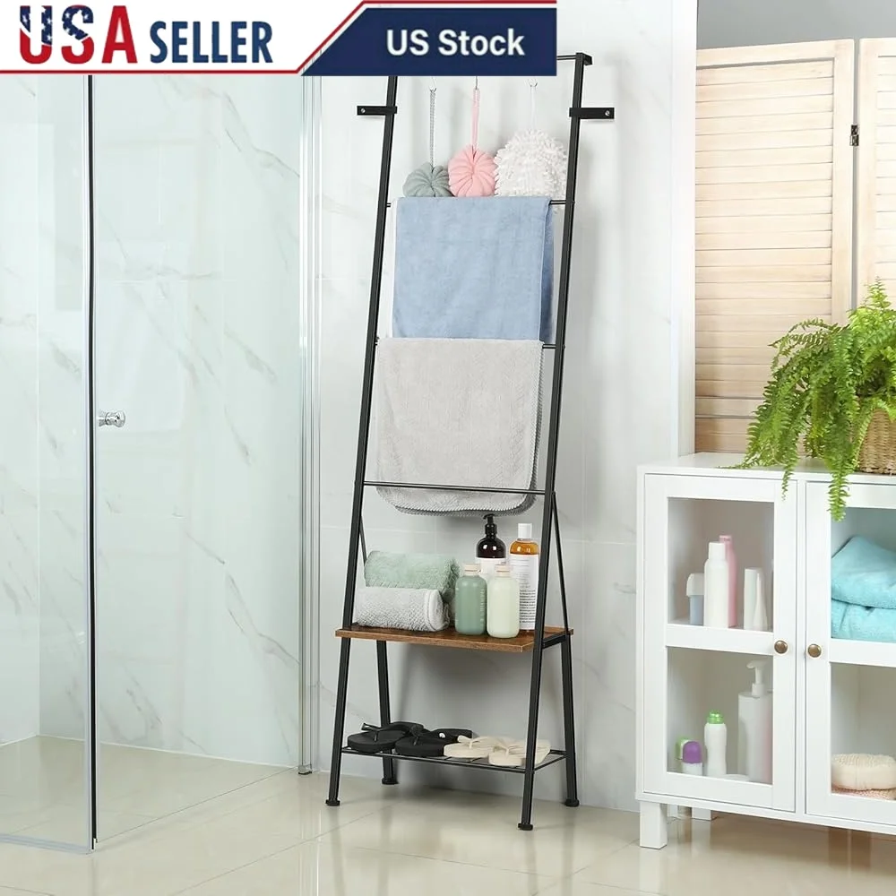 

Farmhouse Blanket Ladder Holder Decorative Rack with Storage Shelves Hooks Towel Organizer Multi-Functional Wall Stand Living