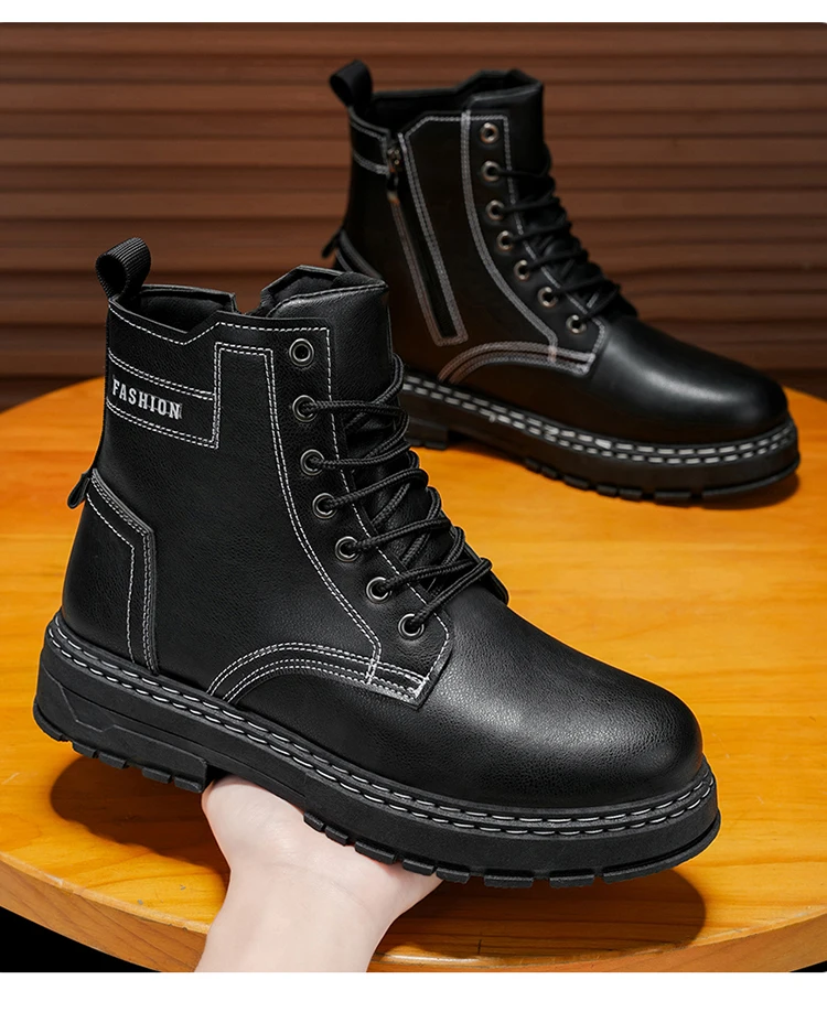 Herren Allround-Chunky-Plateaustiefel, Langlebige Leder-Streetwear-Arbeitsschuhe – Detail 2