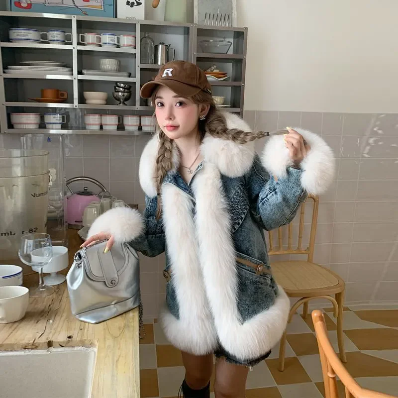 Stylish Autumn Winter Women Parka Coat Warm Denim Overcoat Faux Fur Collar Qulited Jacket Casual Warm Coat Female Outwear