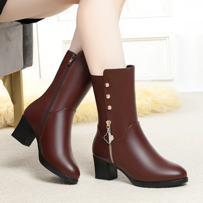 Winter Padded Cotton Shoes Women Plush Soft Leather Long Boot Warm  High-heel Fur High Knee Riding Mid-heel Boots