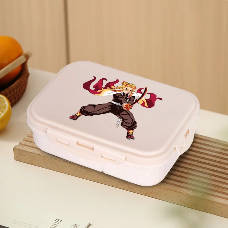 Demon Slayers 3 Grids Lunch Box Cute Cartoon Students Portable Food Container with Snoop Fork Anime Travel Picnic Snack Storage view 2