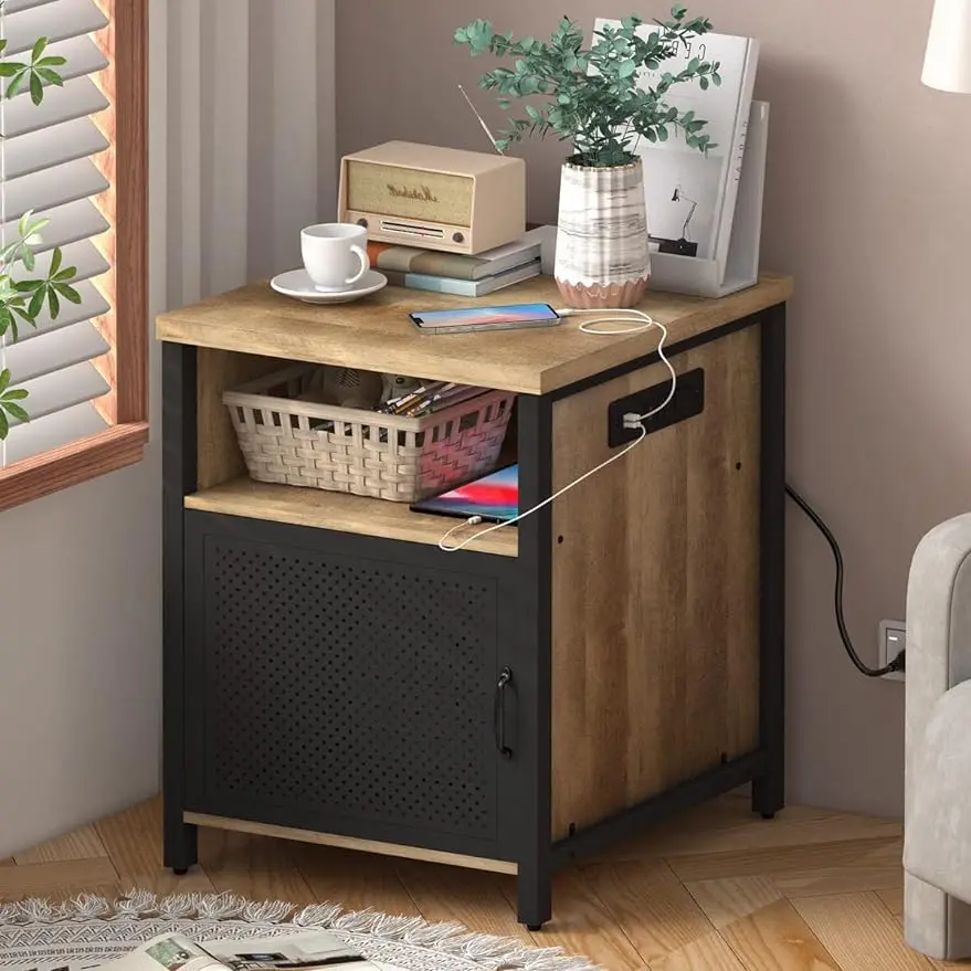 

End Table with Charging Station, Farmhouse Side Table with Storage, Rustic Wood and Metal Nightstand(Rustic Oak)