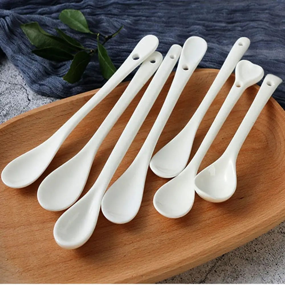 1PC Pure White Porcelain Spoons  Long Handle Spoon Ceramic Tea Coffee Sugar Dessert Spoon Ice Cream Kitchen Ceramic Flatware