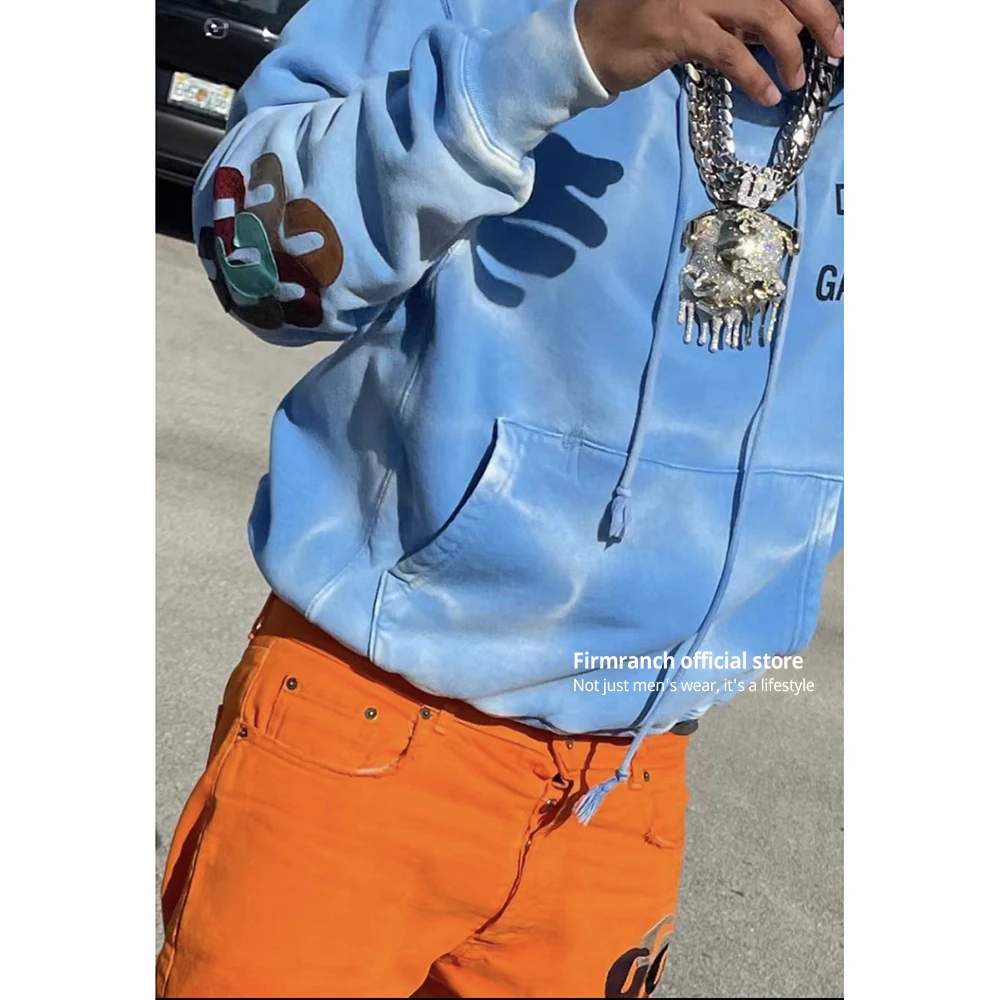 Firmranch Top Quality Sky Blue Tie-dye Gallery Goatskin Patches Hoodies For Men/Women Hooded Sweatshirt Oversized Pullover