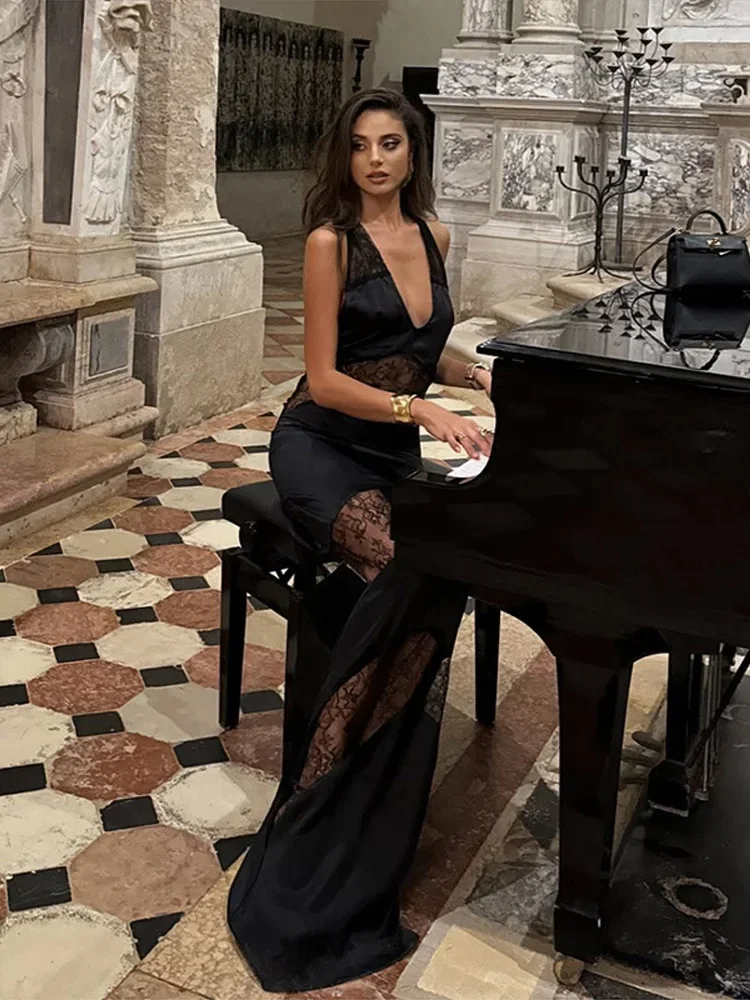 See Through Mesh Halter Evening Gown Women Black Sleeveless Backless High Waist Female Lace Vestidos 2025 Summer Slim Fit Dress