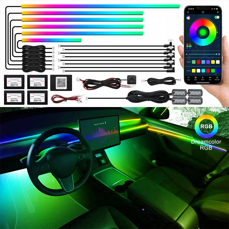 Universal RGB Car Ambient LED Lamps Strips App Contro Auto Accessories Interior Neon Colorful Atmosphere Acrylic Lights.18in1