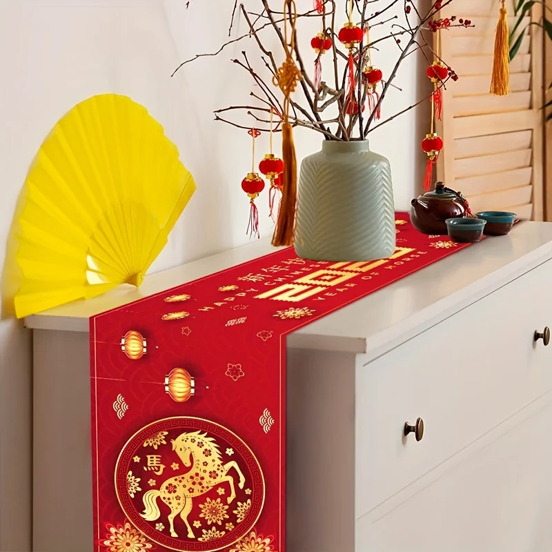 السنة الصينية الجديدة الكتان الجدول عداء ديكور للطاولات الأحمر الذهبي 2026 زودياك الحصان المطبخ طاولة طعام العدائين زينة السنة الجديدة