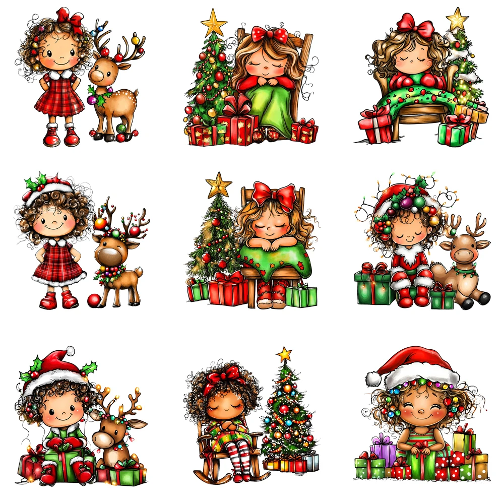 

15cm Whimsical Christmas Girl Princess With Deer Iron On Transfer Stickers Diy DTF Heat Transfer Sticker T-shirt Clothes Decal