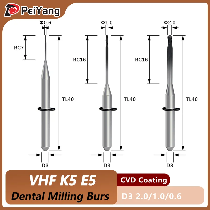 

VHF K5 E5 Dental Burs Milling for Zirconia PMMA Dental Lab Grinding Diamond Coating D3 CAD CAM Milling Drills