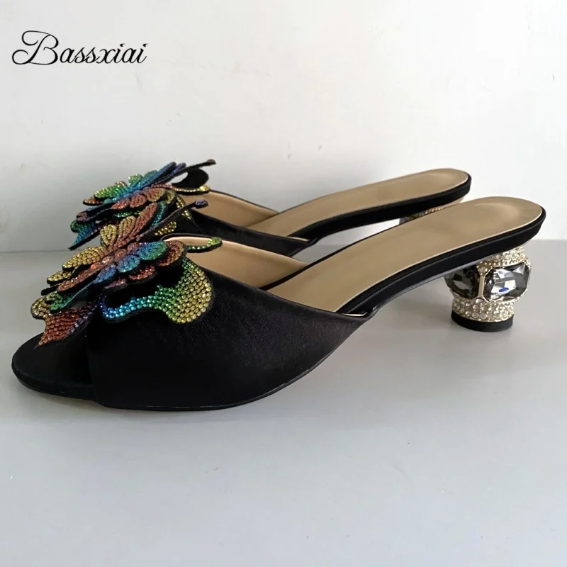 

Colorful Rhinestone Butterfly-Flower Outwear Mules Diamond 6cm Heel Luxury Silk Slingbacks Women Sandals Summer