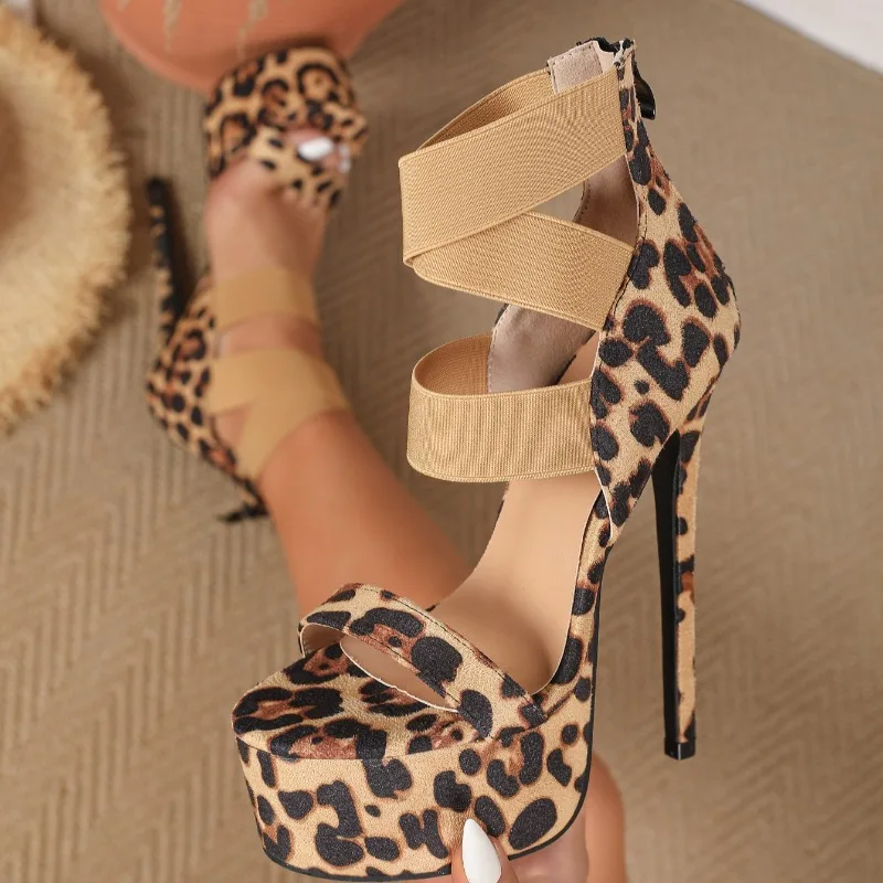 New Women's Round Head Leopard Print Color Matching 16Cm Thin Super High-heeled Sandals Sexy High-heeled Sandals Size 35-42