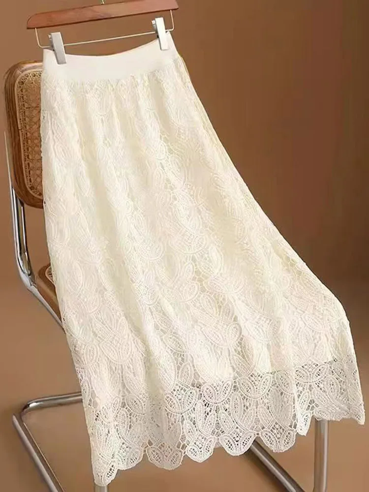 Korean Cotton Skirt Women Spring Fashion High-Waisted Slimming lace Cutout Hook Flower Skirt  A-line Skirt Fairy Skirt Willow