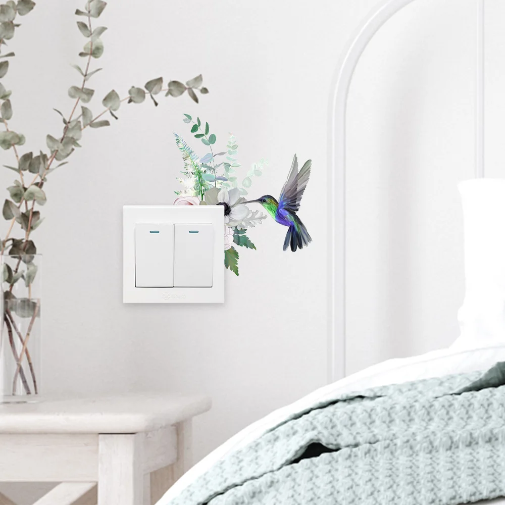 Hummingbird Plant Wall Sticker, Self-Adhesive Switch Decal for Bedroom & Living Room, Peel and Stick Floral Home Decor