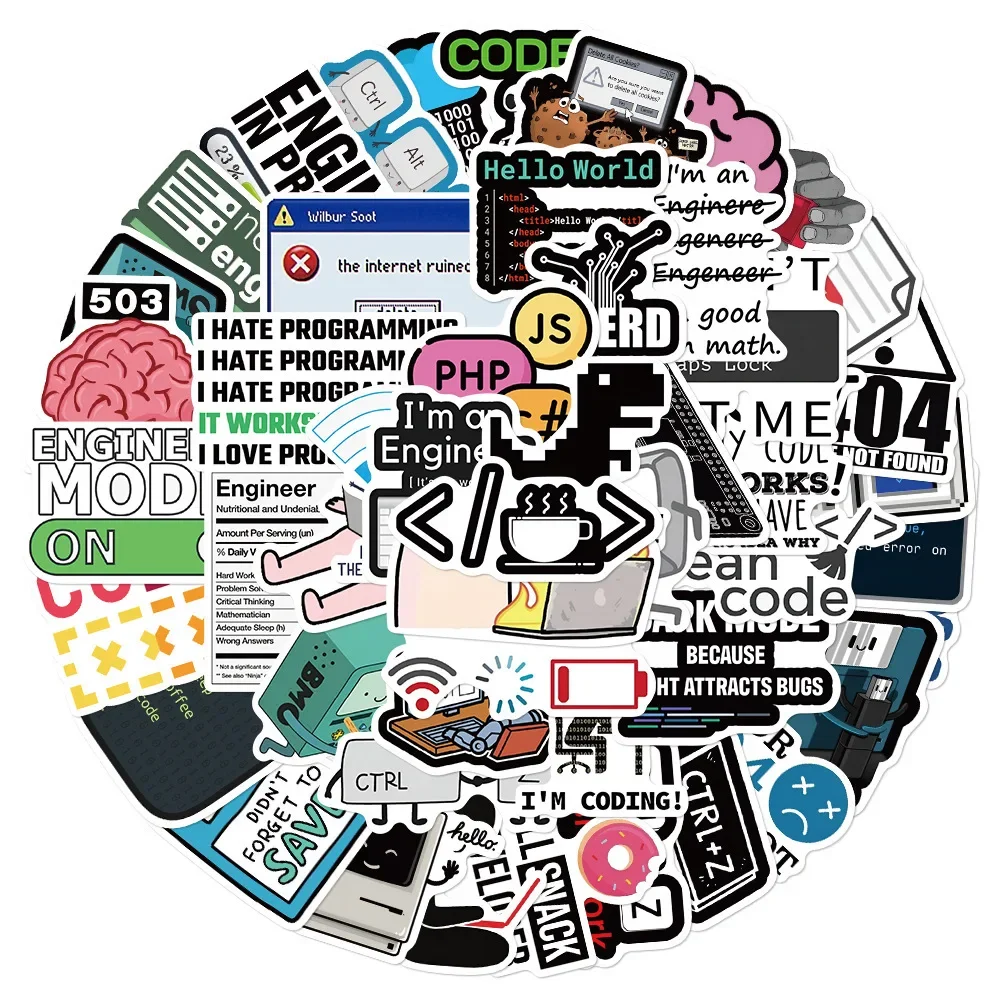 Программируемые наклейки, ПВХ водонепроницаемые Стикеры для ноутбуков, чемоданов, ноутбуков, ноутбуков, Fridg, детей, языки Html, облако, JS, Php, Docker, 10/50 шт.