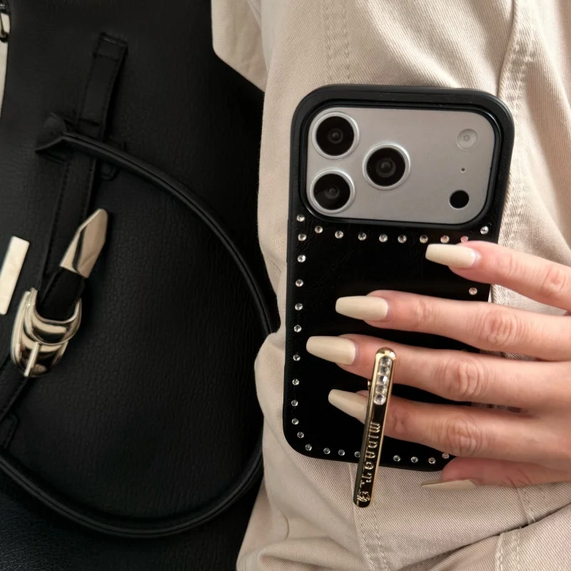 Luxury Diamond Leather Leopard Print Phone Case For iPhone 17 Pro 16 15 14 Pro Max Cover with Matel Stand Protective Back Cases