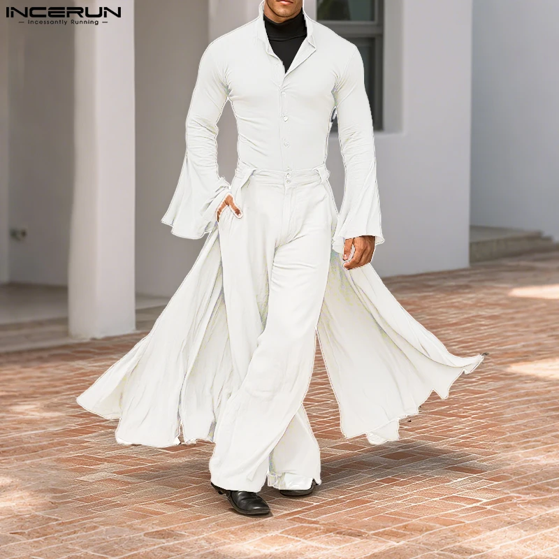 

INCERUN Мужские комплекты Однотонные свободные расклешенные рубашки с длинными рукавами и брюки Комплекты из двух предметов Уличная одежда 2025 Модные повседневные мужские костюмы