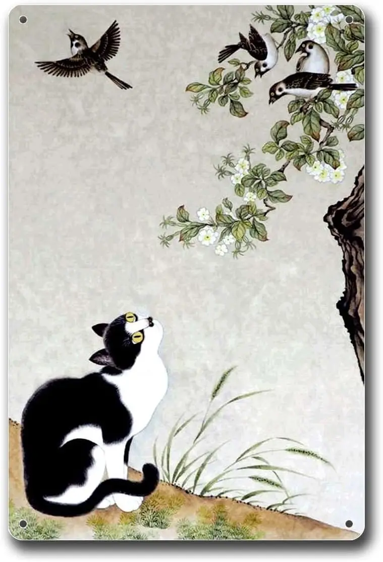 Metal Tin Signs Asian Cats Animals Asia Cat And Sparrow Art Cat And Bird Art Korean Animal Art Suitable for Restaurant Wall Deco