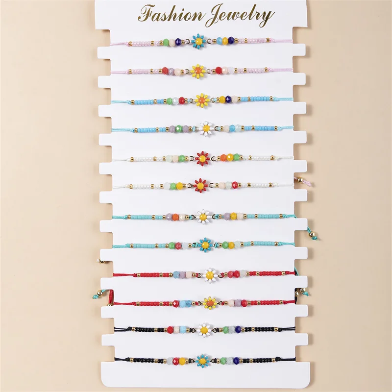 12 قطعة/الوحدة النساء الشمس الزهور حبة سحر سوار مجموعة بوهيميا حبل مضفر سلسلة قابل للتعديل اليدوية سوار خلخال مجوهرات هدية #2