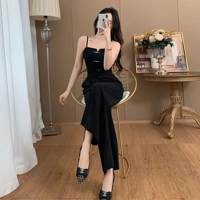 2024 Spring Summer New Petite Waist Cinching High Camisole Straight Leg Jumpsuit For Women Wide Leg Casual Pants Sling Romper