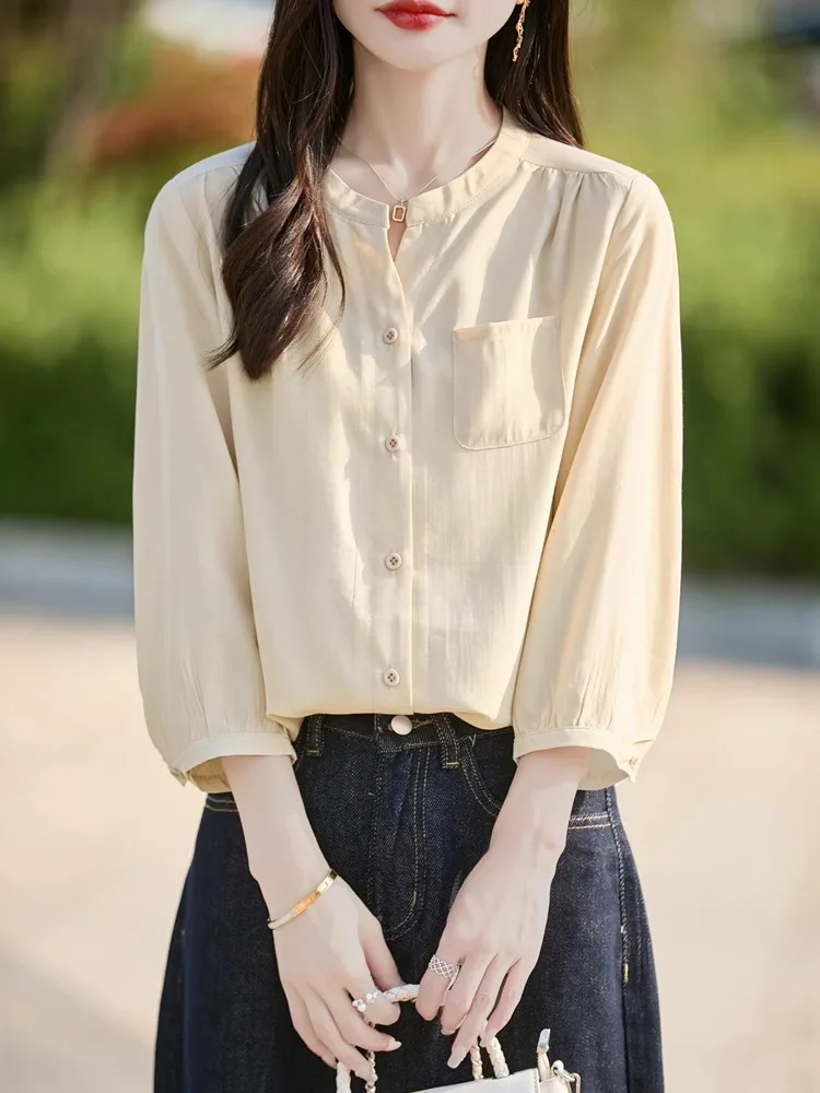 캐주얼 루즈핏 7부 소매 셔츠 여성용 얇은 브이넥 봄 여름 패션 예술적 스타일 고급스러운 블라우스